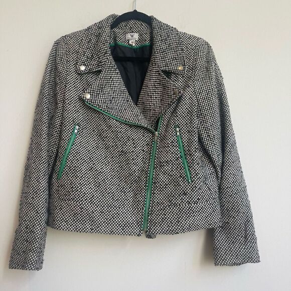 Wool Blend Checkered Moto Blazer Green Lined Zipper- Large - Picture 1 of 10
